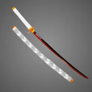 Handcrafted Nichirin Sword inspired by Kyojuro Rengoku from Demon Slayer, featuring a hand-forged stainless steel blade, cast metal tsuba, and wooden handle wrapped in cotton cord.