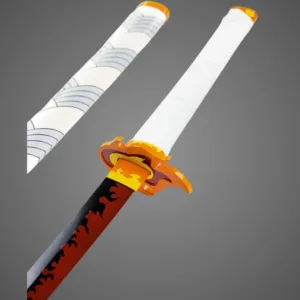 Handcrafted Nichirin Sword inspired by Kyojuro Rengoku from Demon Slayer, featuring a hand-forged stainless steel blade, cast metal tsuba, and wooden handle wrapped in cotton cord.