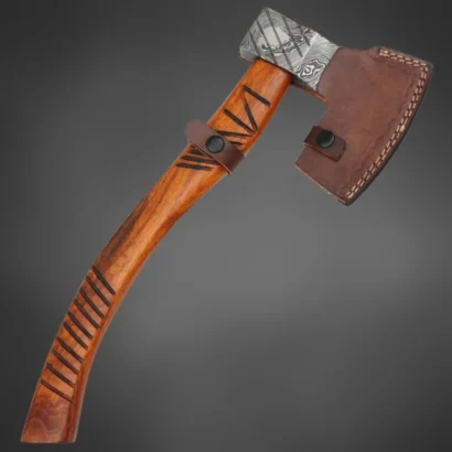 Custom Damascus Viking Axe with Rosewood Handle & Sheath
