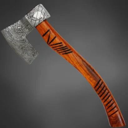 Custom Damascus Viking Axe with Rosewood Handle & Sheath