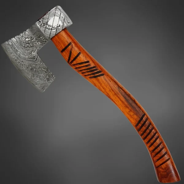 Custom Damascus Viking Axe with Rosewood Handle & Sheath