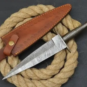Damascus Dagger Custom Handmade Knife with Leather Sheath