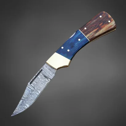 Custom Blade Folding Knife – Wood Handle, EDC Damascus Knife