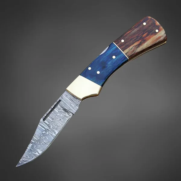 Custom Blade Folding Knife – Wood Handle, EDC Damascus Knife