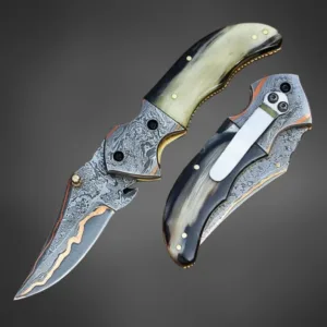 Custom Copper Damascus Knife with Ram Horn Handle