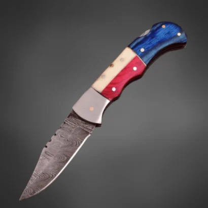 Custom Damascus Folding Knife – USA Flag Handle, EDC Blade