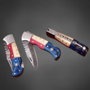 Custom Damascus Folding Knife – USA Flag Handle, EDC Blade