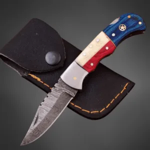 Custom Damascus Folding Knife – USA Flag Handle, EDC Blade