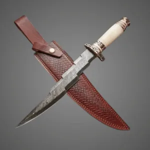 Custom Damascus Bowie Knife – Lightning Blade & Bone Handle
